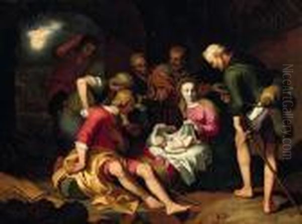 The Adoration Of The Shepherds With The Annunciation To Theshepherds Beyond Oil Painting by Abraham Bloemaert