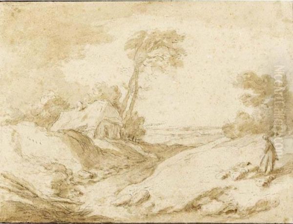 Hilly Landscape With A Cottage To The Left And A Shepherd To The Right Oil Painting by Abraham Bloemaert