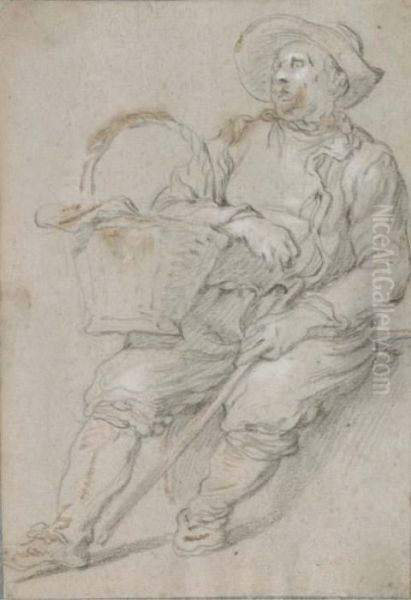 A Seated Peasant With A Basket (recto); A Shack By A Fence (verso) Oil Painting by Abraham Bloemaert