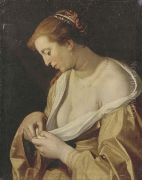 A Woman Catching Flees In Her Dress Oil Painting by Abraham Bloemaert