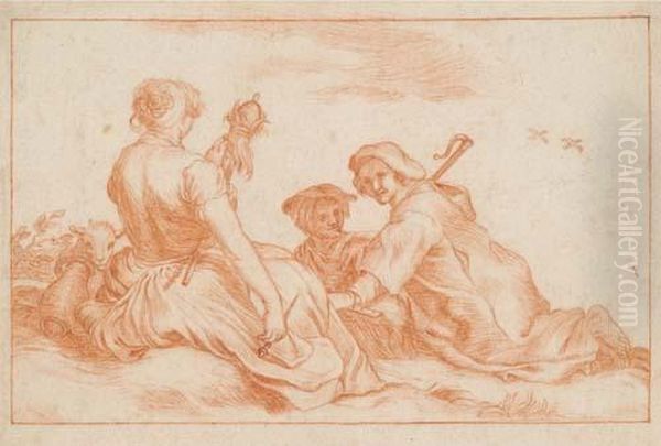 Two Resting Shepherds And A Woman Spinning Oil Painting by Abraham Bloemaert