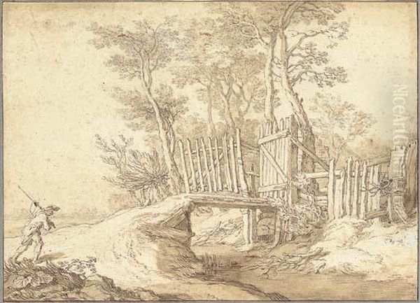 A Peasant Approaching A Bridge Over A Stream, A Wood Beyond Oil Painting by Abraham Bloemaert