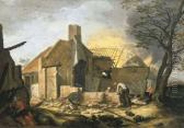 Farm Buildings On Fire Oil Painting by Abraham Bloemaert