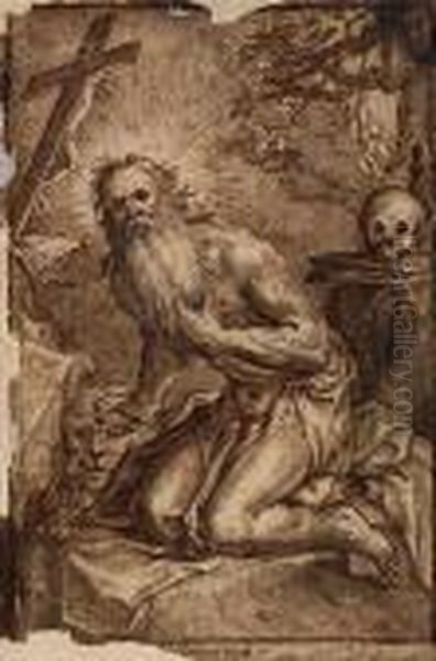 St. Jerome In Penitence.<</b> Oil Painting by Abraham Bloemaert