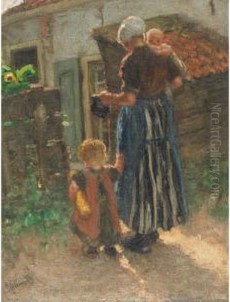 Mother And Her Children At The Garden Gate Oil Painting by Bernardus Johannes Blommers