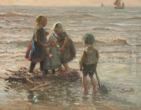 Children Playing On A Raft Oil Painting by Bernardus Johannes Blommers