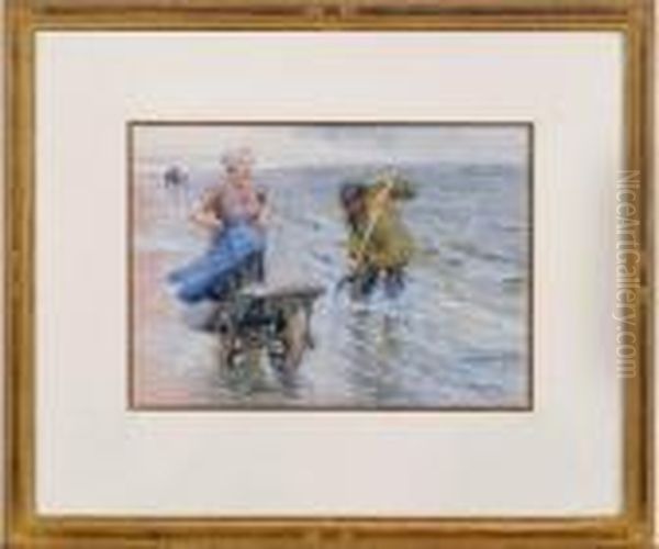 Shellfishers On The Beach Oil Painting by Bernardus Johannes Blommers