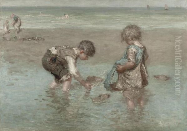 A Day At The Beach Oil Painting by Bernardus Johannes Blommers