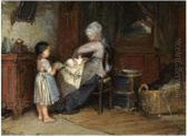 Helping Mother Oil Painting by Bernardus Johannes Blommers