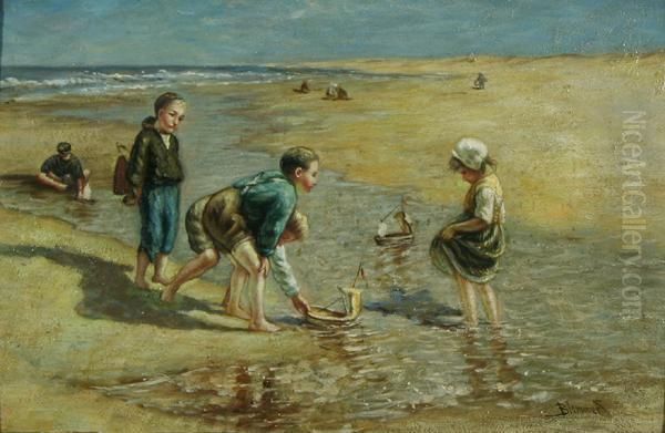 Children With Sailboats At The Beach Oil Painting by Bernardus Johannes Blommers