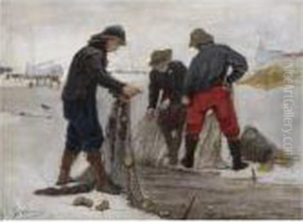 Fishermen Mending The Nets On Scheveningen Beach Oil Painting by Bernardus Johannes Blommers