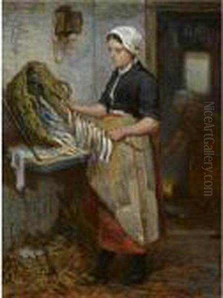 Preparing The Fish ('de Speetster') Oil Painting by Bernardus Johannes Blommers