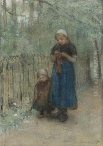 Sisters On A Country Path Oil Painting by Bernardus Johannes Blommers