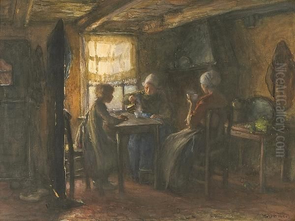 A Cottage Interior With Figures Around A Table Oil Painting by Bernardus Johannes Blommers