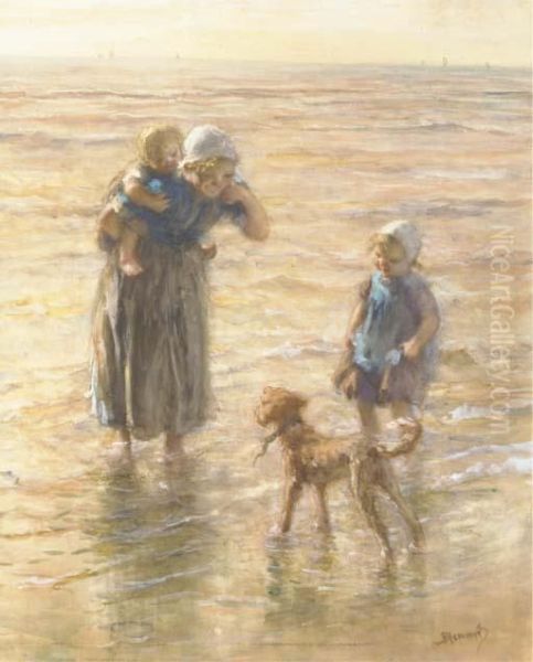 Playing In The Surf Oil Painting by Bernardus Johannes Blommers