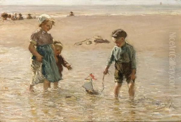 Children Playing On The Beach Oil Painting by Bernardus Johannes Blommers