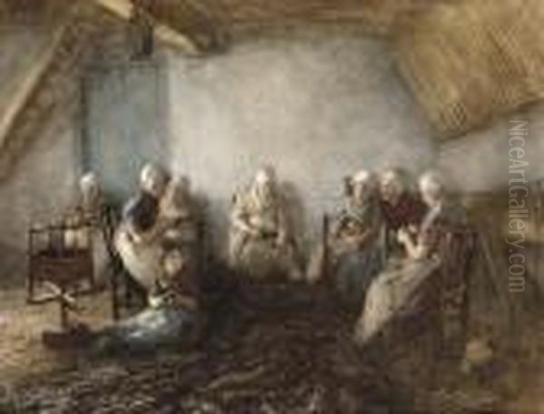 Women Mending Nets Katwijk Oil Painting by Bernardus Johannes Blommers