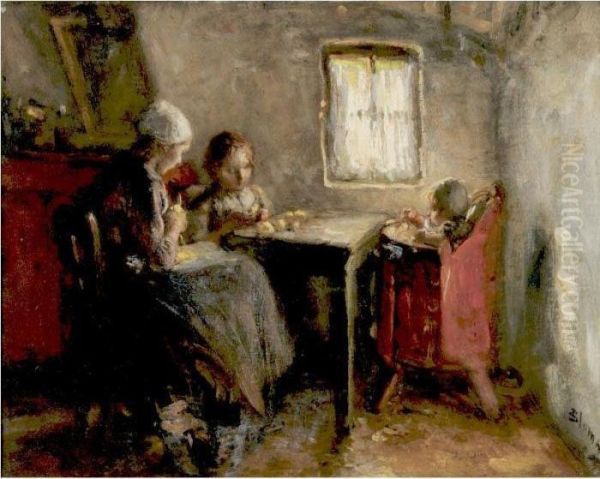 Preparing Dinner Oil Painting by Bernardus Johannes Blommers