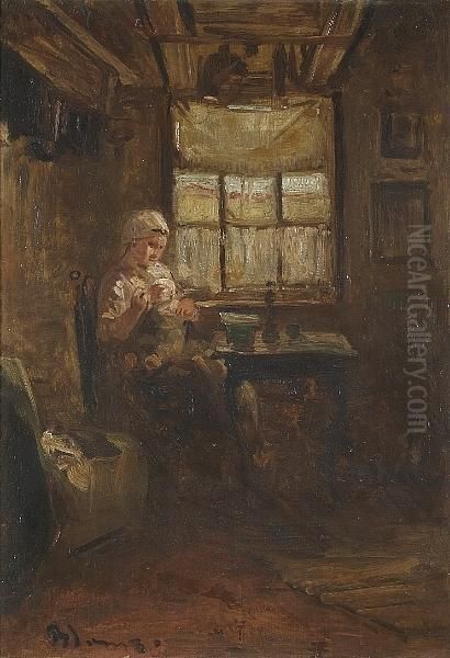 A Mother And Child In An Interior Oil Painting by Bernardus Johannes Blommers