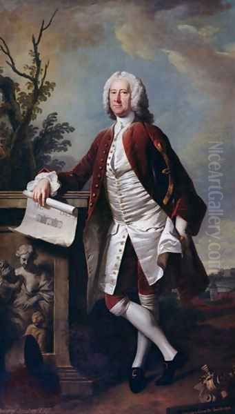 Portrait of Theodore Jacobsen architect of the Foundling Hospital shown holding a drawing of the West Front Oil Painting by Thomas Hudson