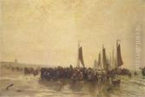 Vischverkoop Op Het Strand; On The Beach Oil Painting by Bernardus Johannes Blommers