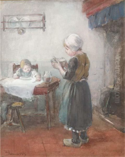 Breakfast Time Oil Painting by Bernardus Johannes Blommers