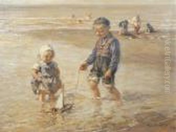 Playing In The Surf Oil Painting by Bernardus Johannes Blommers