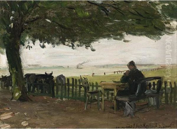 A Quiet Afternoon Oil Painting by Bernardus Johannes Blommers