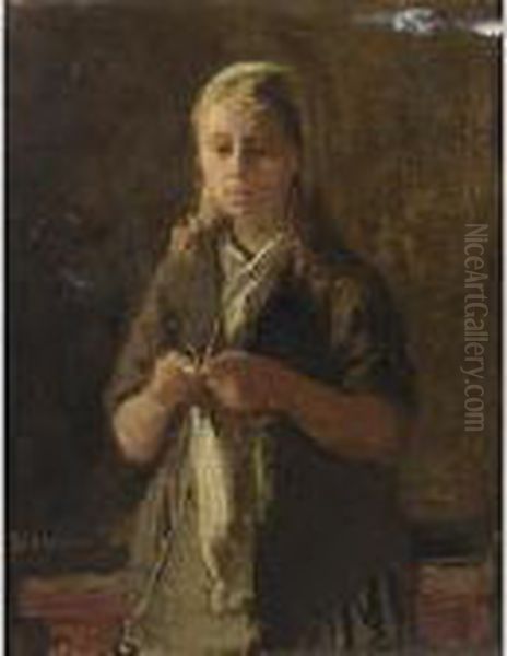 A Girl Knitting Oil Painting by Bernardus Johannes Blommers