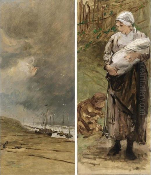 Mother And Child In The Dunes; Bomschuiten In The Breakers (a Pair) Oil Painting by Bernardus Johannes Blommers