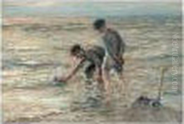 Children Playing On The Beach Oil Painting by Bernardus Johannes Blommers