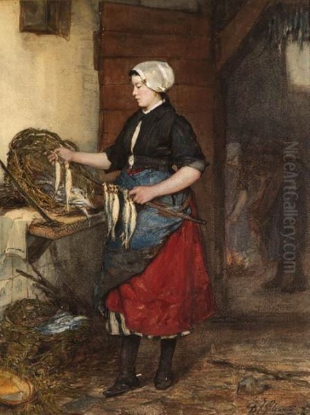 Preparing Fish In The Smokehouse Oil Painting by Bernardus Johannes Blommers