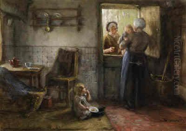 A Visitor At The Kitchen Door Oil Painting by Bernardus Johannes Blommers