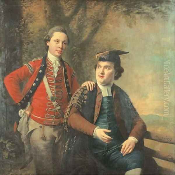 Double portrait of General Richard Wilford and Sir Levett Hanson, three-quarter-length, the former in the uniform of the Light Company of the 2nd Oil Painting by Nathaniel Hone