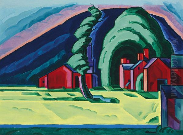 Illusion Of A Prairie, New Jersey (red Farm At Pochuck) Oil Painting by Oscar Bluemner