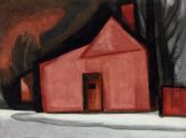 Red Shack Dwelling, Snow Oil Painting by Oscar Bluemner