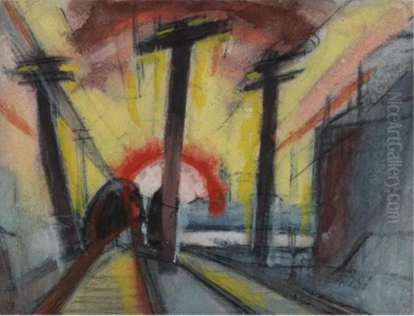 Railroad Tracks (cityscape With Sun) Oil Painting by Oscar Bluemner