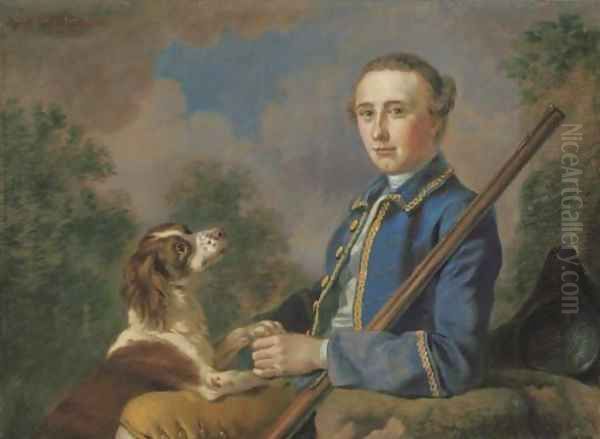 Portrait of Sir Henry Paulet St. John, Bt., three-quarter-length, seated in a landscape with his gun and spaniel Oil Painting by Francis Hayman