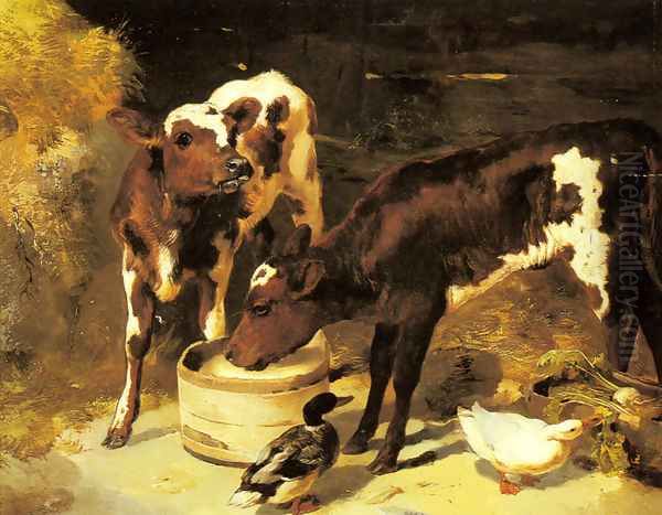 Calves Feeding Oil Painting by George W. Horlor