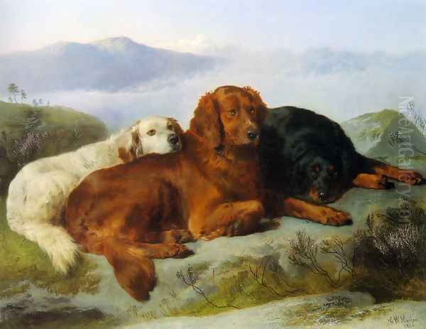 A Golden Retriever, Irish Setter, and a Gordon Setter in a Mountainous Landscape Oil Painting by George W. Horlor