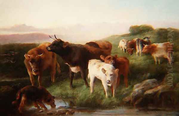 Highland cattle grazing Oil Painting by George W. Horlor