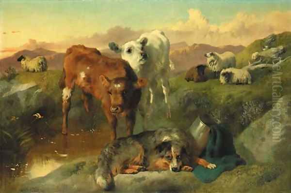 Calves and black-faced ewes with a sheepdog Oil Painting by George W. Horlor