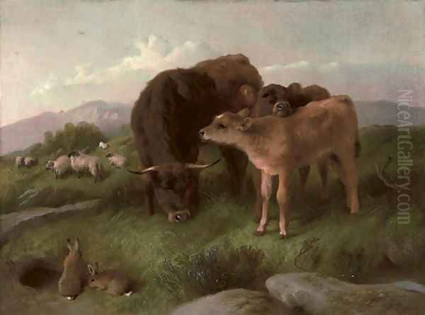 Cattle, sheep and rabbits on a hillside Oil Painting by George W. Horlor