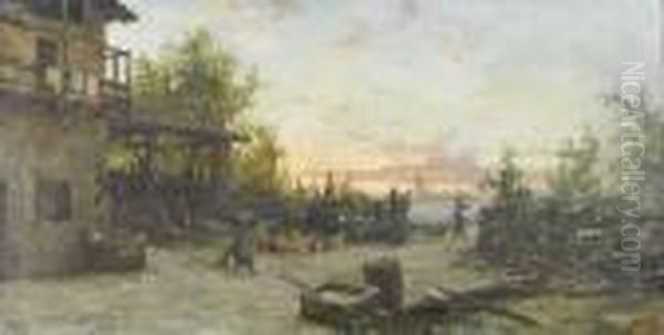 Bauerinnen Vor Gehoft In Der Dammerung. Oil Painting by Giacinto Bo