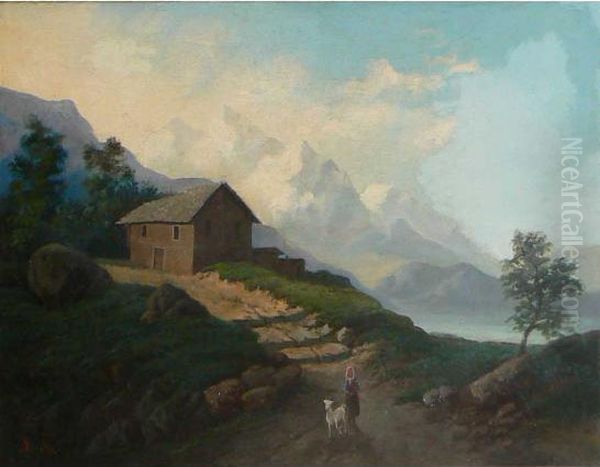 Paesaggio Con Lago Alpino Oil Painting by Giacinto Bo