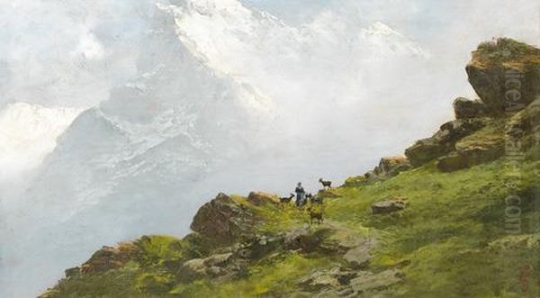 Hochgebirgspartie Mit Bauerin Und Ziegen. Oil Painting by Giacinto Bo