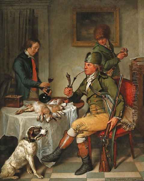 A sportsman after the chase, smoking in an interior Oil Painting by Wybrand Hendriks