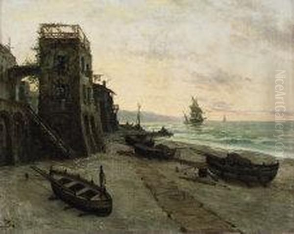 Barche E Reti Sulla Spiaggia Oil Painting by Giacinto Bo