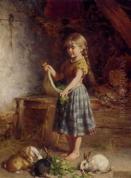 Feeding The Rabbits Oil Painting by Heinrich Hirt