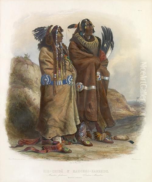 Sih-chida & Mahchsi-karehde,
 Mandan Indians, Pl. 20, From Travels In The Interior Of North America Oil Painting by Karl Bodmer